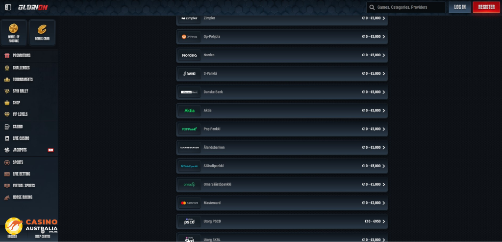 Glorion Casino Payment Methods