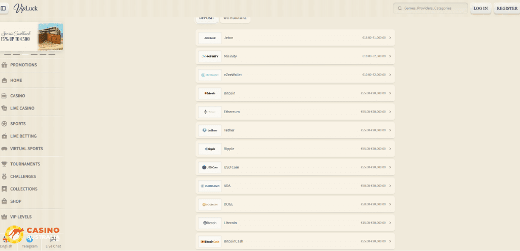 VipLuck Casino Payment Methods