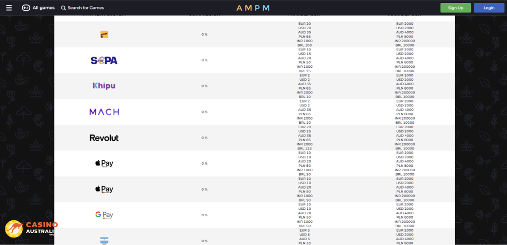AMPM Casino Payment Methods