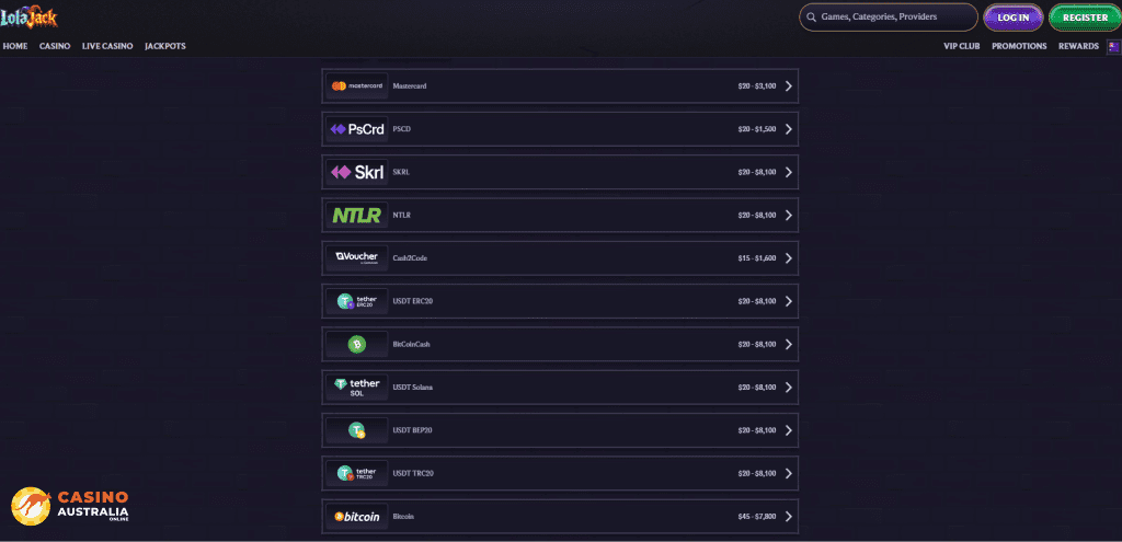 Lolajack Casino Payment Methods
