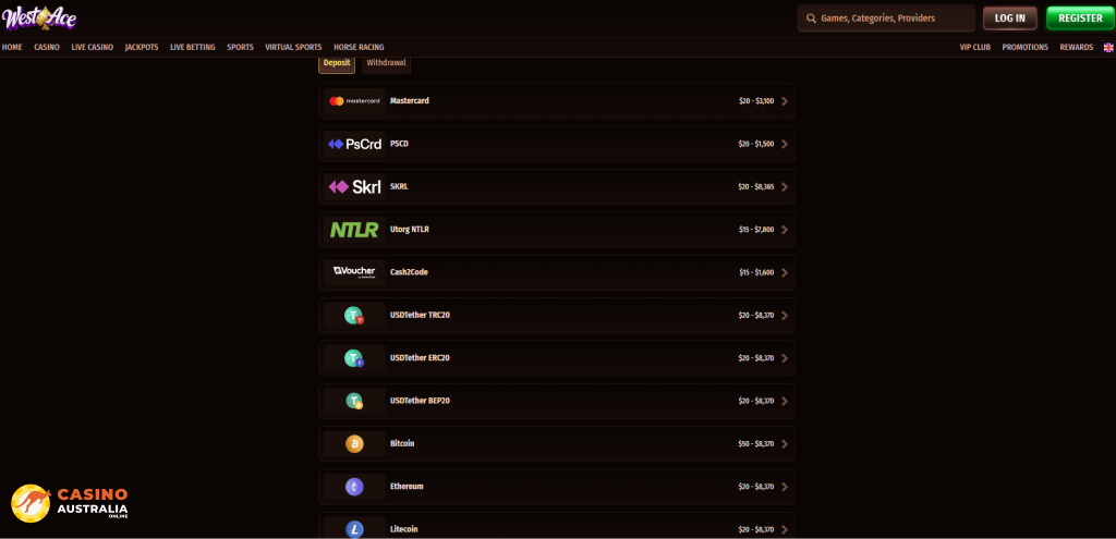 WestAce Casino Payment Methods