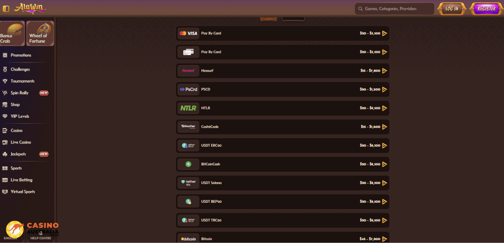 Alawin Casino Payment Methods Australia