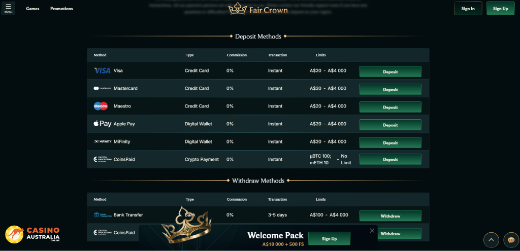 Fair Crown Casino Payment Methods