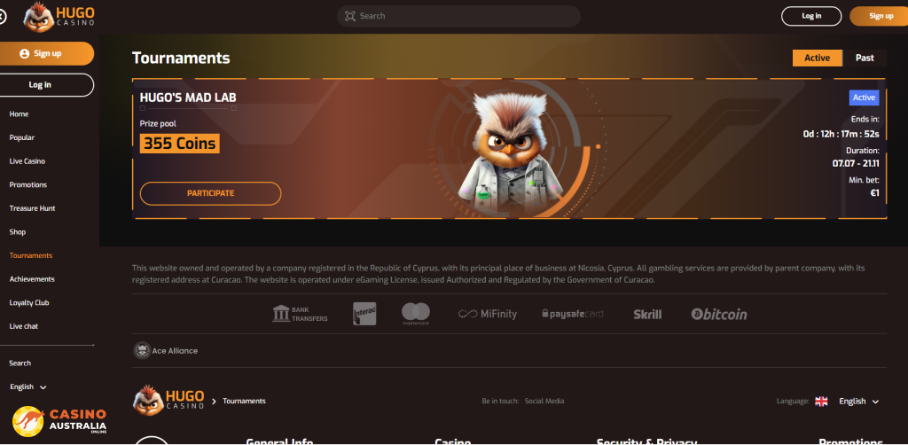 Tournaments at Hugo Casino Australia