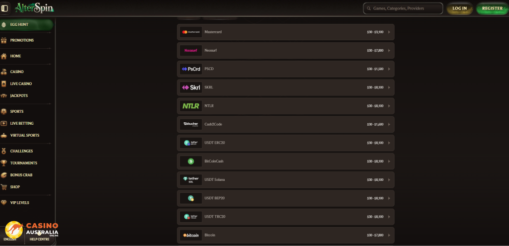 AlterSpin Casino Payment Methods