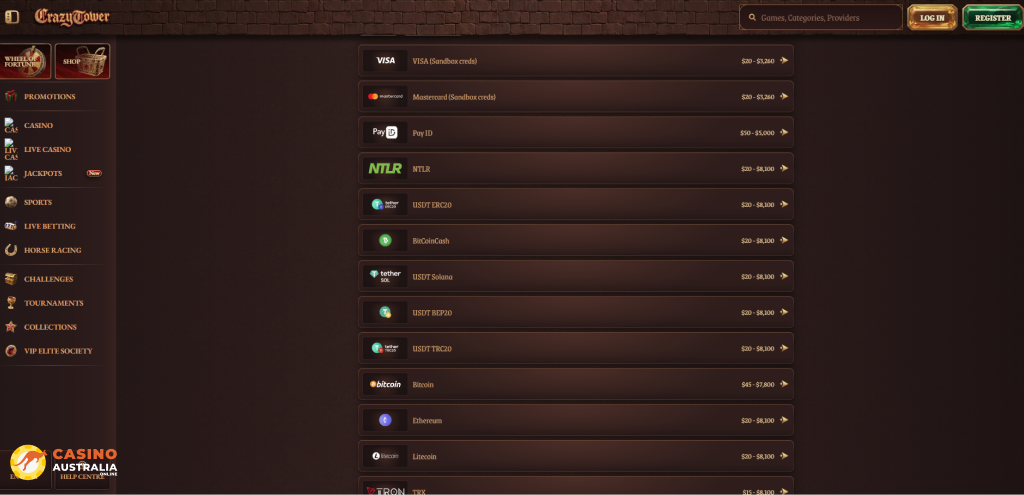 Crazy Tower Casino Payment Methods