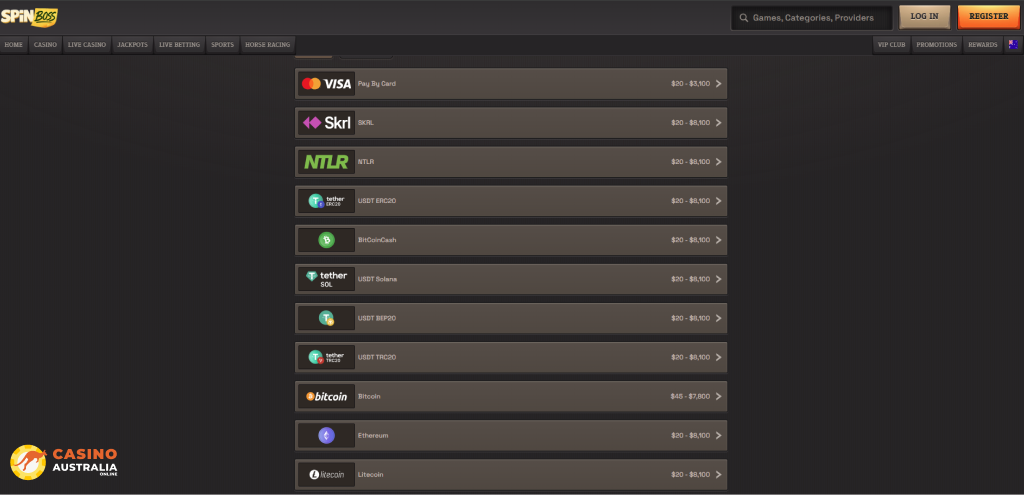 SpinBoss Casino Payment Methods