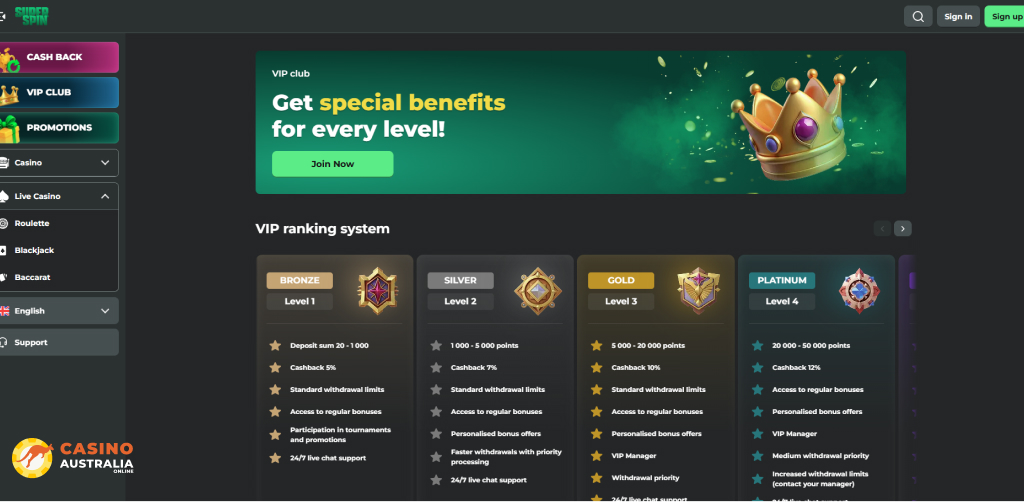Vip Program at Super Spin Casino Australia