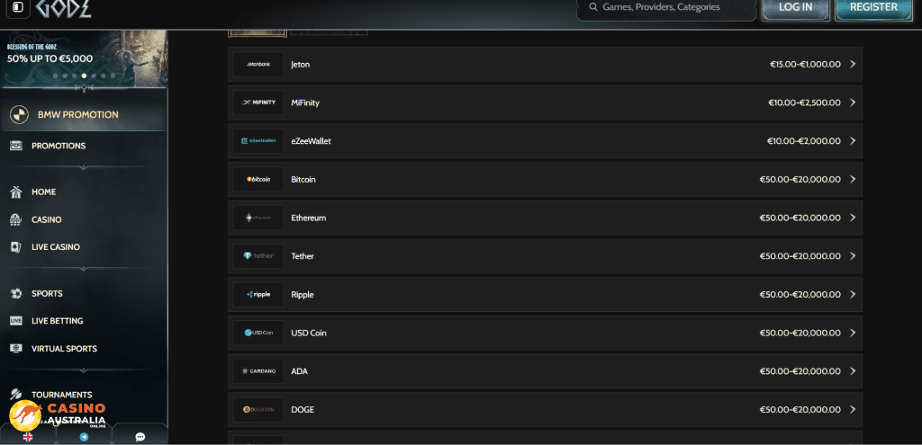 Godz Casino Payment Methods
