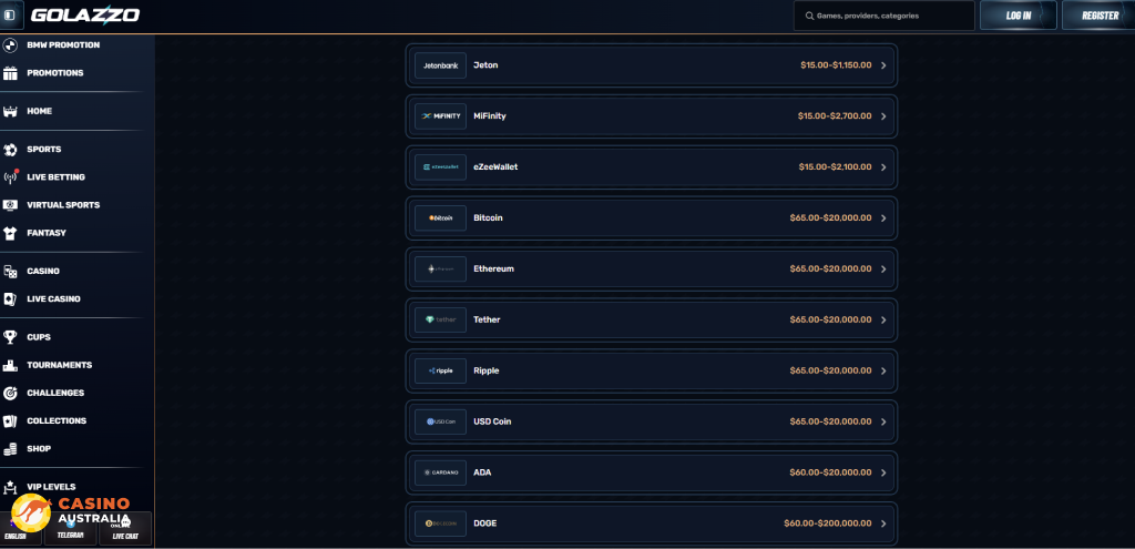 Golazzo Casino Payment Methods