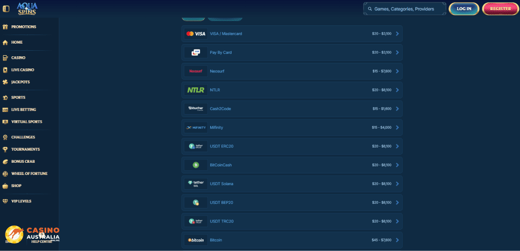 Aquaspins Casino Payment Methods