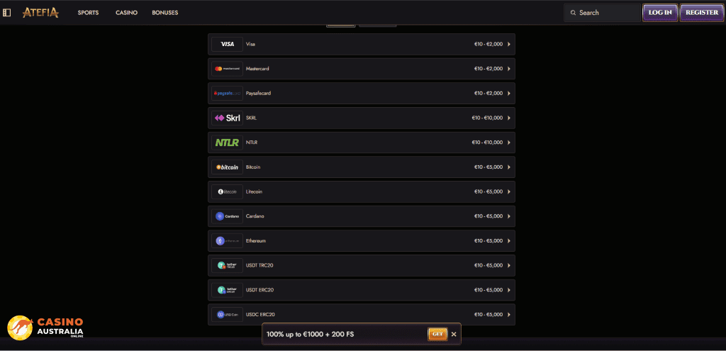 Atefia Casino Payment Methods