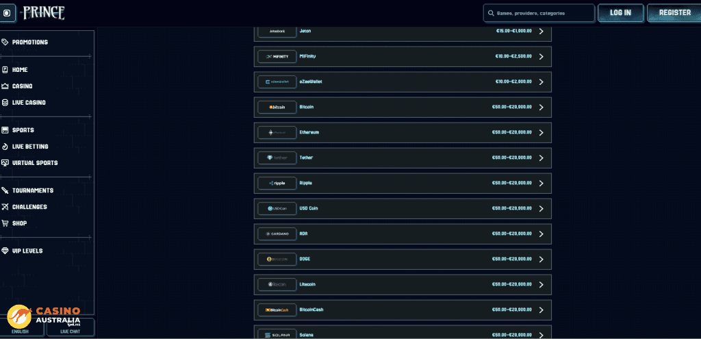 PrinceCasino Payment Methods