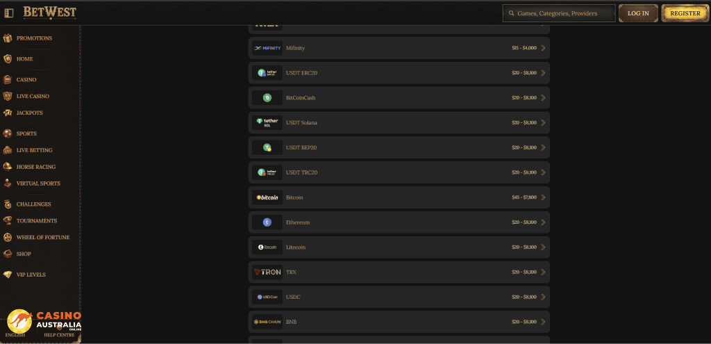 BetWest Casino Payment Methods
